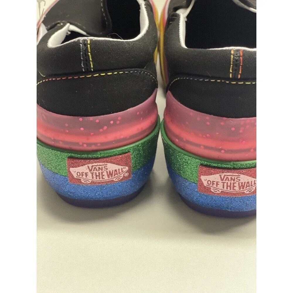 Vans Sneakers Classic Slip On Platform Black Glitter Rainbow Women 5.5 Pride New